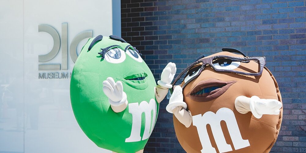 brown green m&m characters outside of the 21c hotel in Bentonville arkansas